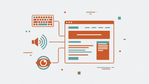 Ilustración abstracta de íconos de teclado, lector de pantalla y contraste conectados a una página web