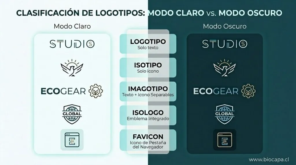 Clasificación de tipos de logotipo (logotipo, isotipo, imagotipo, isologo, favicon) comparados en modo claro y modo oscuro