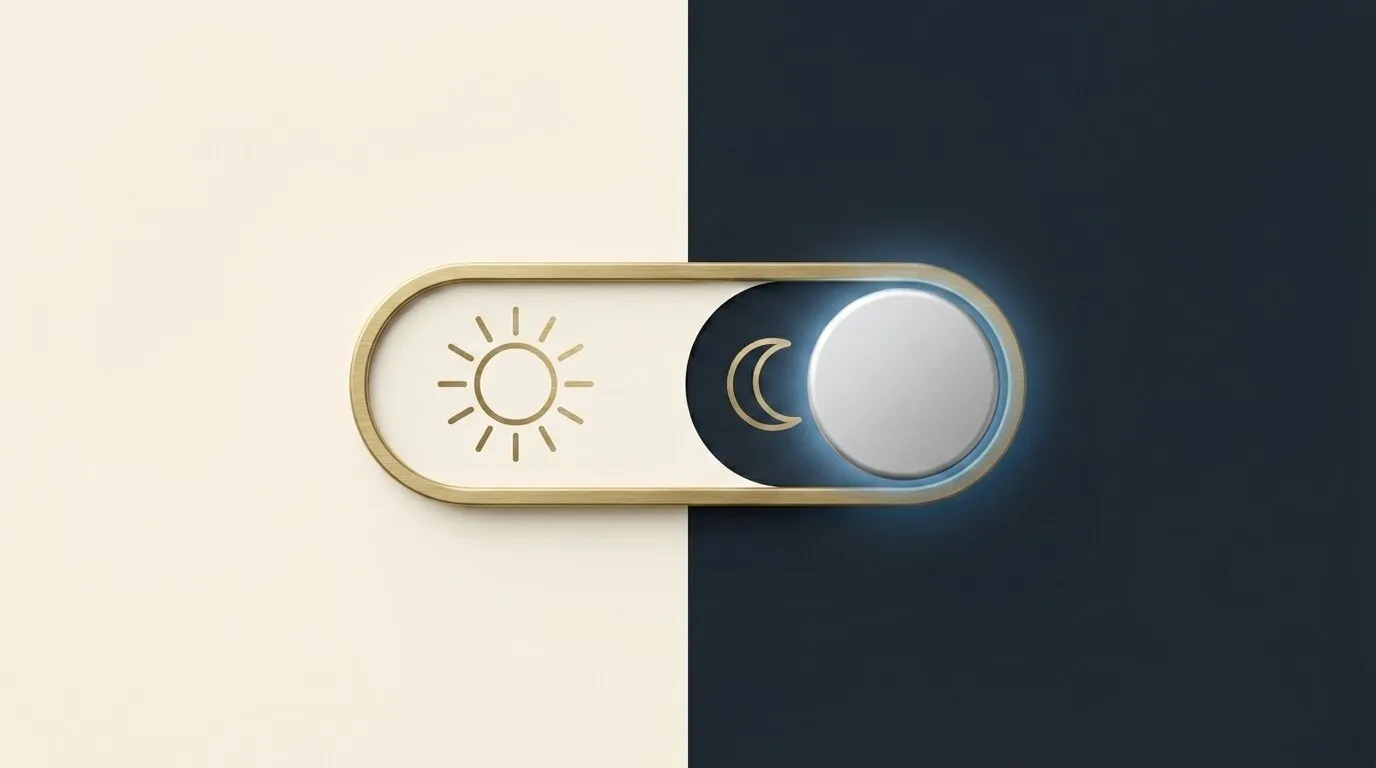Interruptor toggle con iconos de sol y luna representando el cambio entre modo claro y modo oscuro