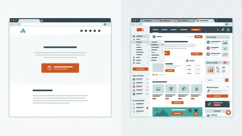Ilustración comparando una landing page enfocada frente a un sitio web con múltiples distracciones