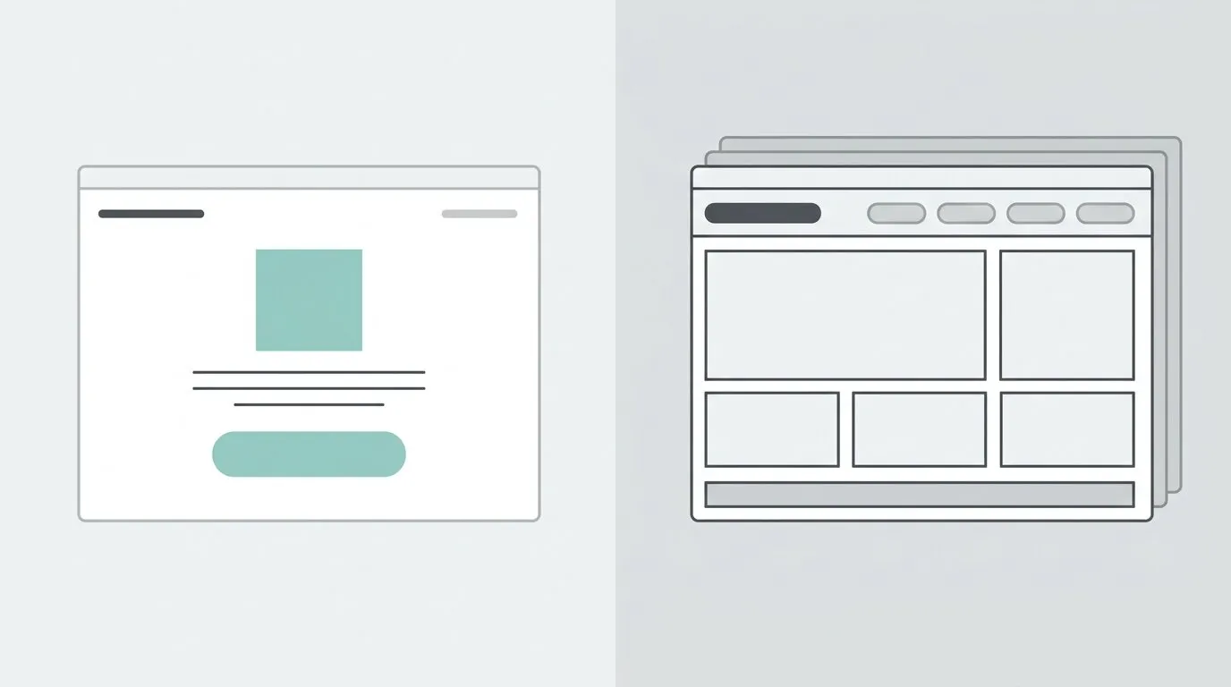 Wireframes comparando una landing page de una sola sección con un sitio corporativo de múltiples páginas