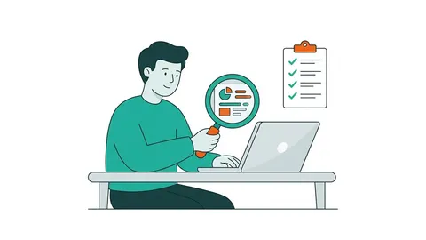 Ilustración de una persona revisando la pantalla de su laptop con una lupa, junto a un checklist con casilleros marcados