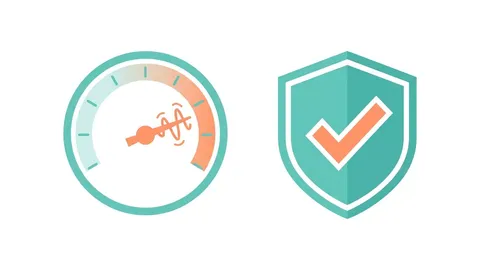 Velocímetro con aguja inestable junto a un escudo con marca de verificación fija, representando la diferencia entre el puntaje de rendimiento y el de accesibilidad en Lighthouse