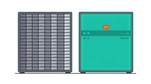Ilustración comparando un rack de servidor compartido con muchos compartimentos pequeños, junto a un servidor VPS unificado en color teal