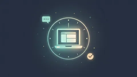 Ilustración de un laptop brillante dentro de un reloj de 24 horas, junto a íconos de chat y confirmación representando disponibilidad constante y conversión