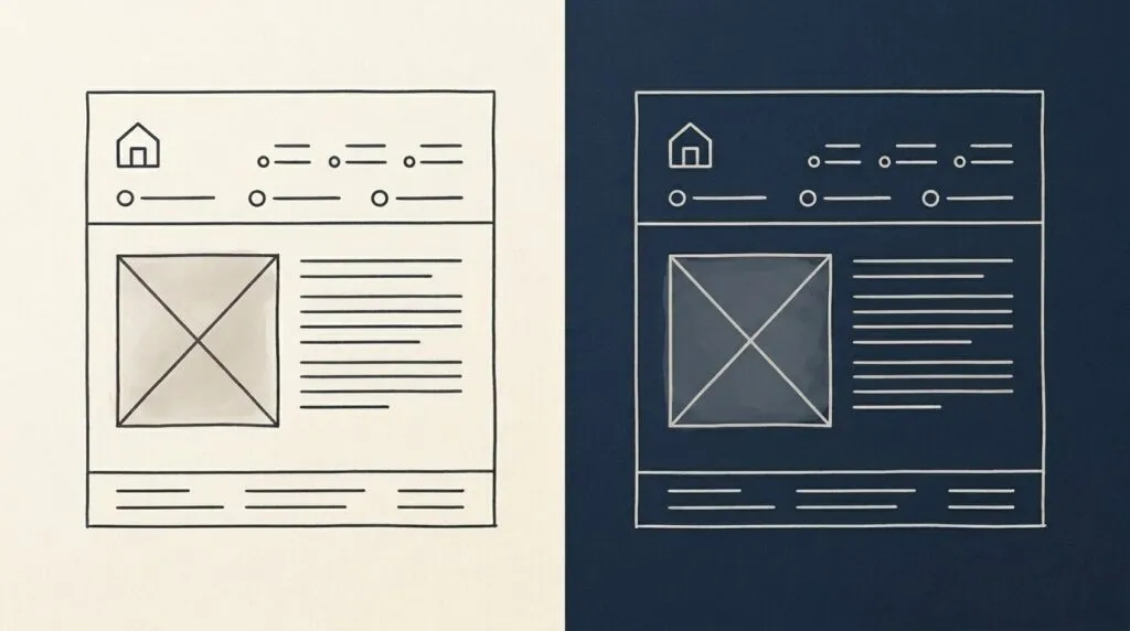Boceto de wireframe de un sitio web comparando el diseño en modo claro y modo oscuro